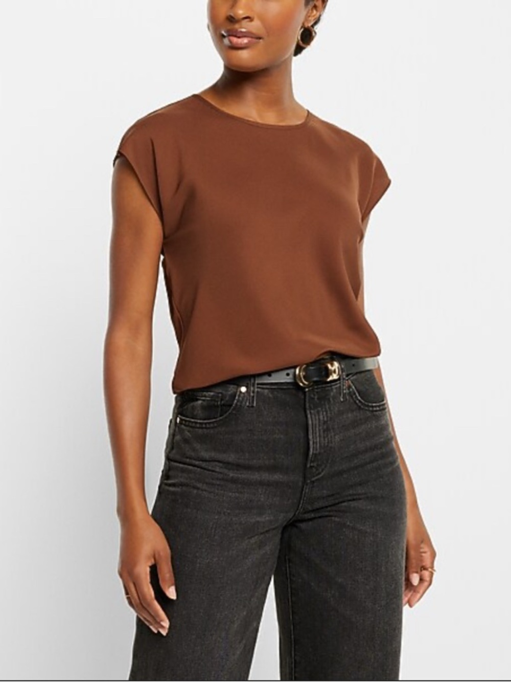 Women's Brown Short Sleeve Crewneck Blouse